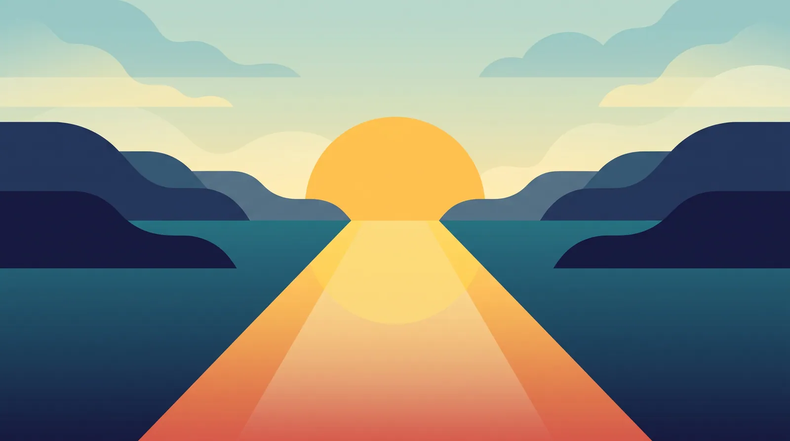 Flat illustration of a calm sunrise over still water between low hills