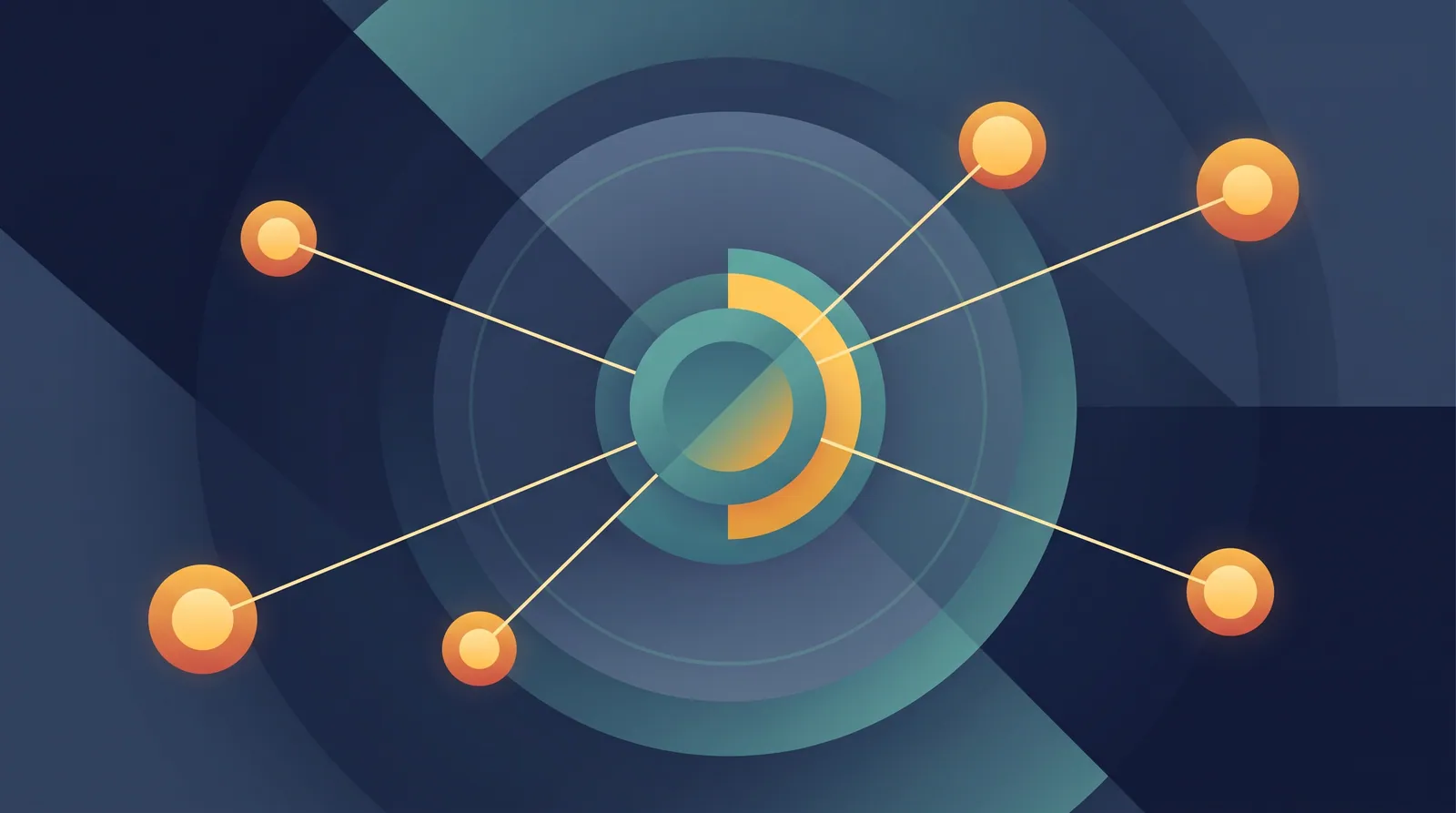 Abstract flat illustration of glowing points linked by thin lines to one central node