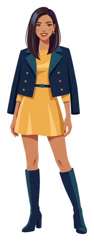 Margot Thériault standing with a smile, in a saffron dress and a navy jacket