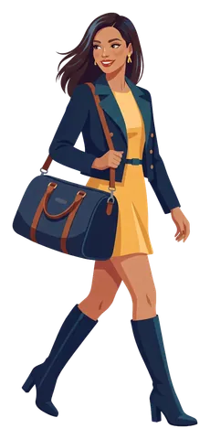 Margot Thériault walking with a navy weekender bag over her shoulder. Tag: 126 rooms and suites