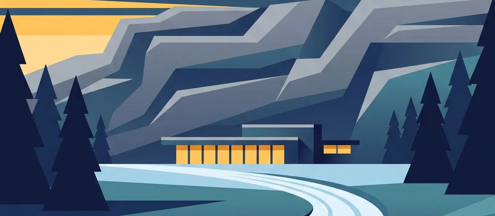 Flat illustration of a grey rocky ridge above a snowy valley, a low building with lit windows and snowmobile tracks in the snow